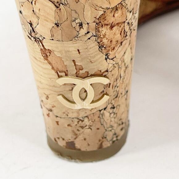 Chanel EU 37 2012 Cruise Tan Leather Camellia Flower T-Strap Cork Wedge Sandals - Picture 10 of 16